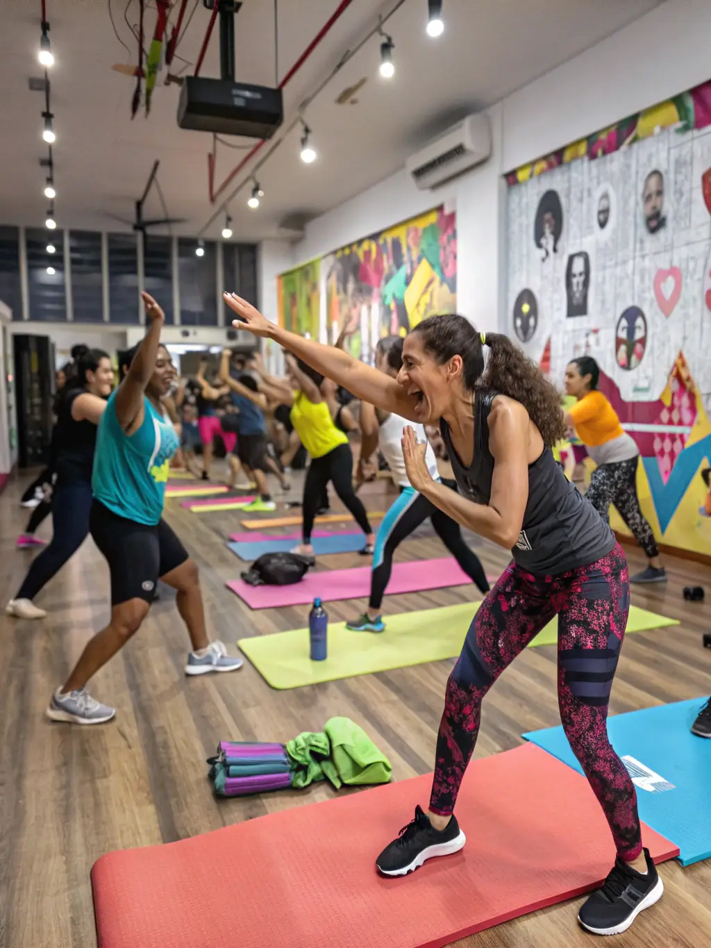 Un groupe mixte participant à un cours collectif de fitness, tous souriants et motivés, dans une salle spacieuse et lumineuse.