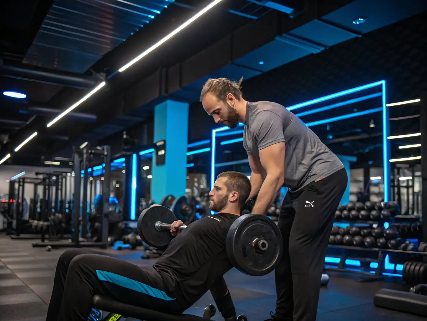 A welcoming gym environment showing a personal trainer assisting a member with weight training, surrounded by free weights, benches, and other musculation equipment, emphasizing safety and encouragement.