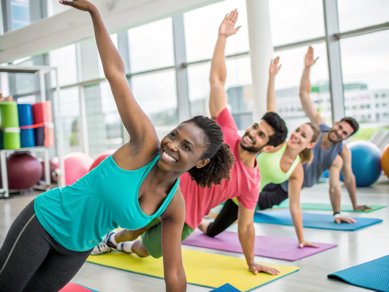 A diverse group of people of all ages participating in a group fitness class inside a bright, modern gym, smiling and encouraging each other, representing inclusivity and community spirit.