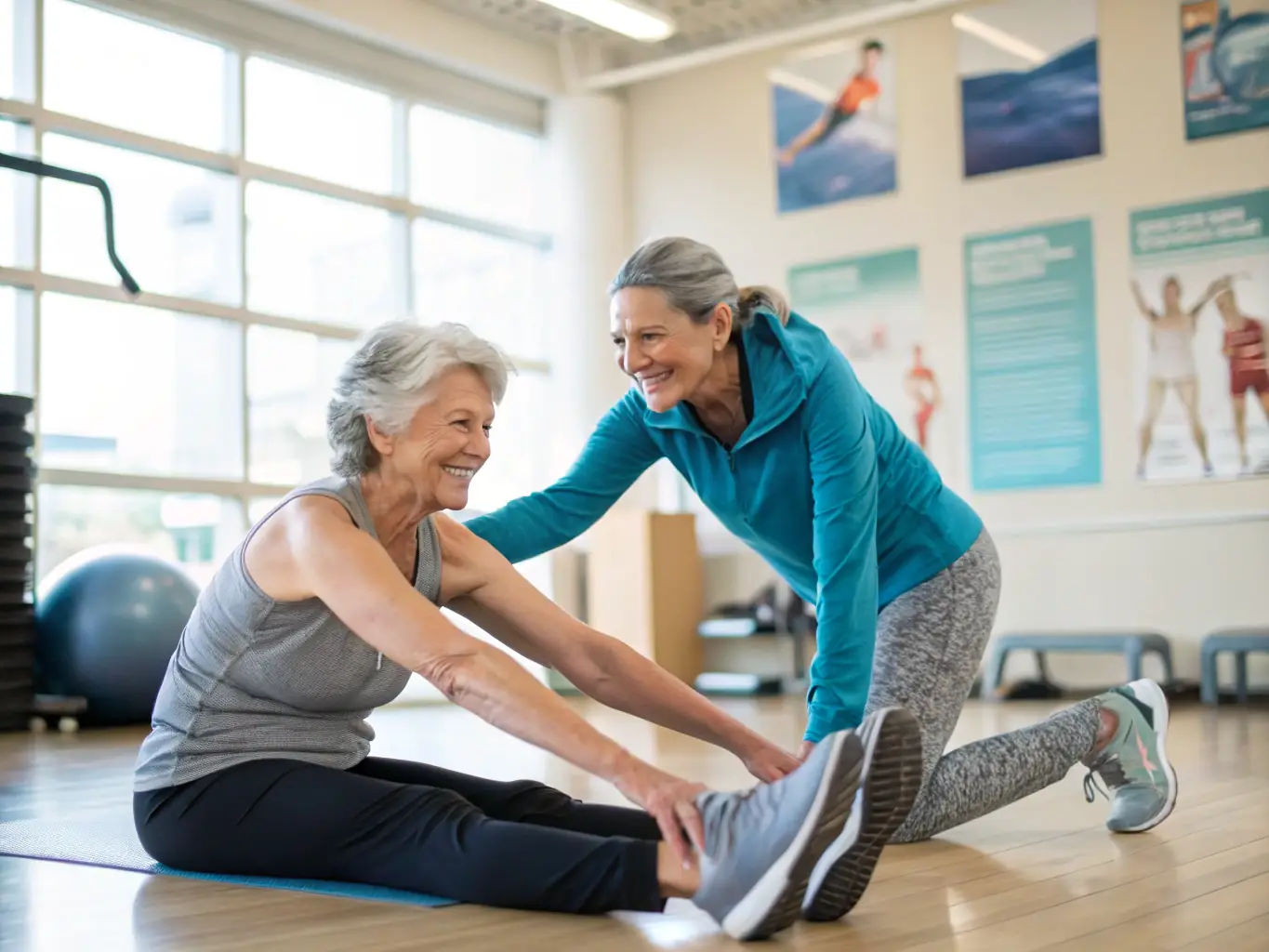 A friendly trainer assisting an elderly participant with a stretching exercise, surrounded by others chatting and laughing, highlighting intergenerational support and social interaction in a fitness setting.