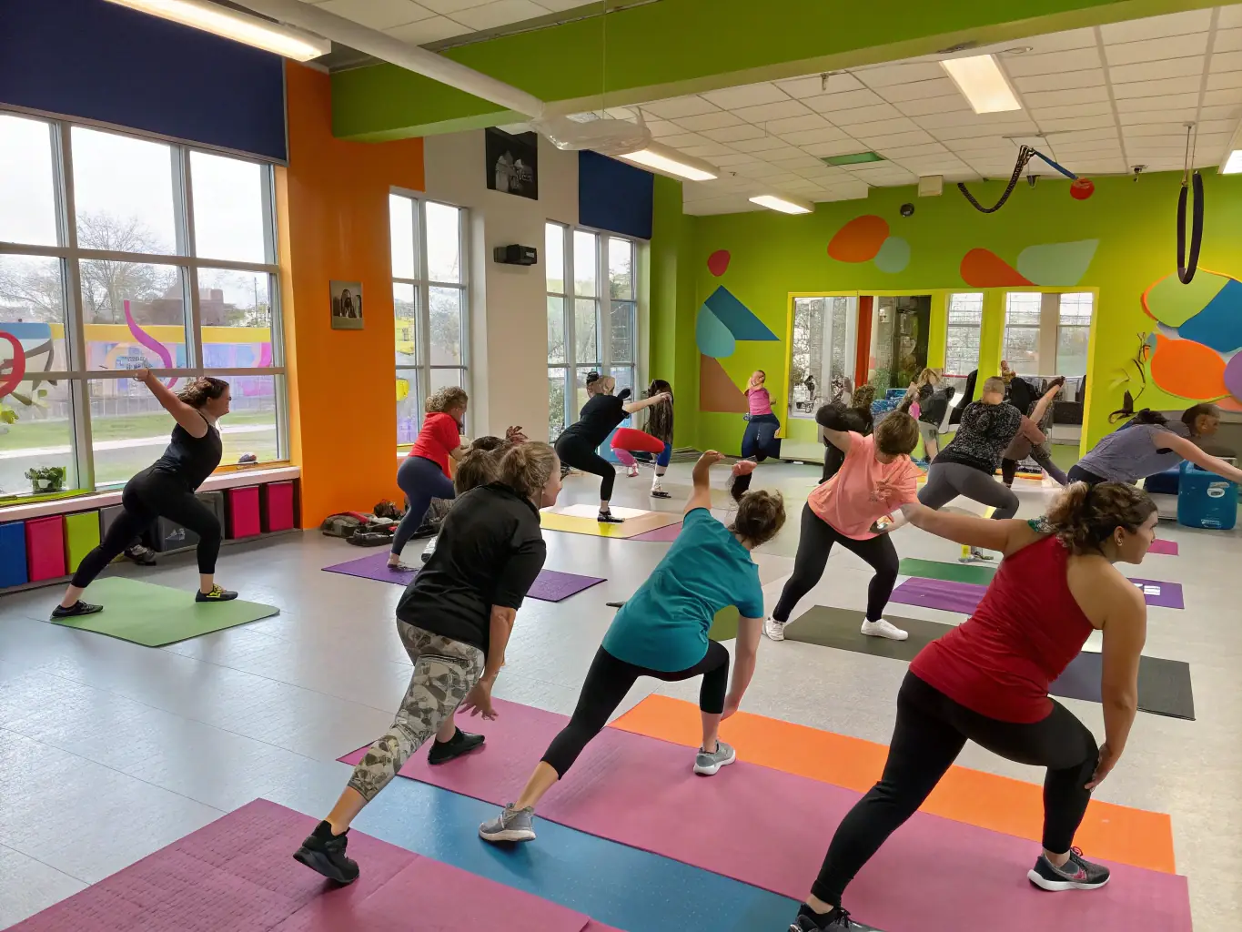 A bright, modern fitness studio with people of various ages participating in a group workout session, guided by a smiling certified trainer, with motivational posters and gym equipment visible in the background.