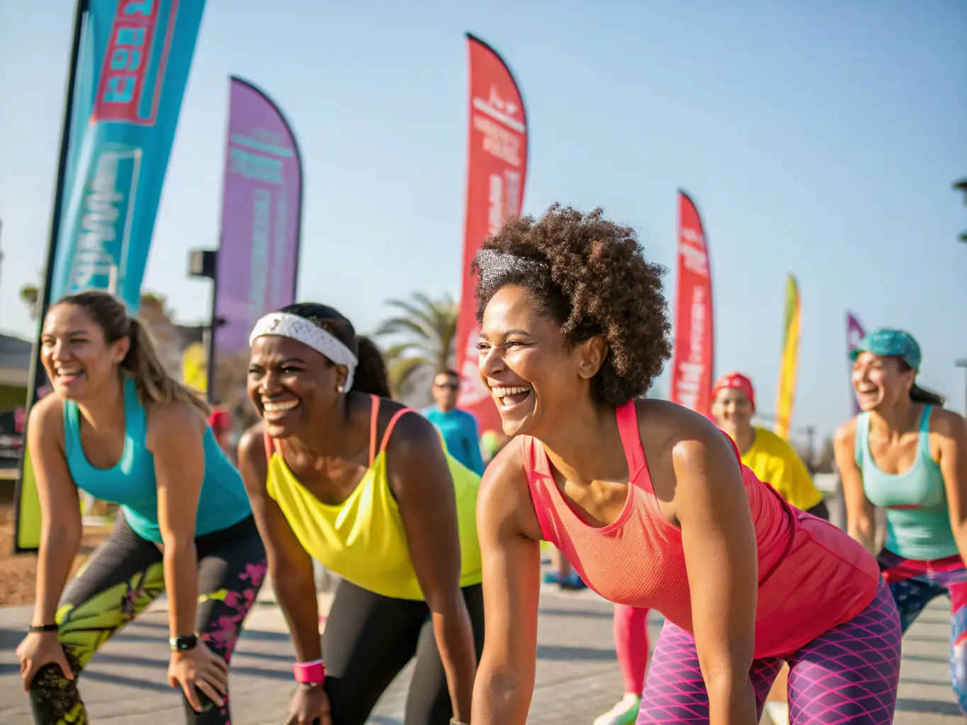 A community event in the gym where members of different backgrounds are participating in a fun fitness challenge, with laughter, teamwork, and a sense of camaraderie evident among the participants.