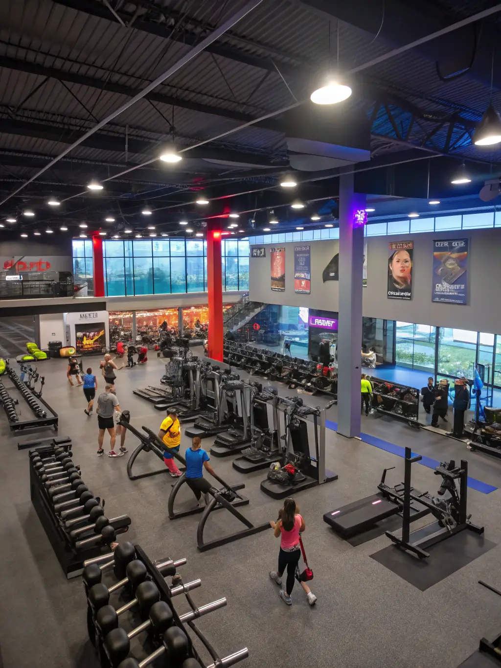 A bright, modern gym with people of all ages and backgrounds working out together, demonstrating inclusivity and accessibility in a welcoming environment.