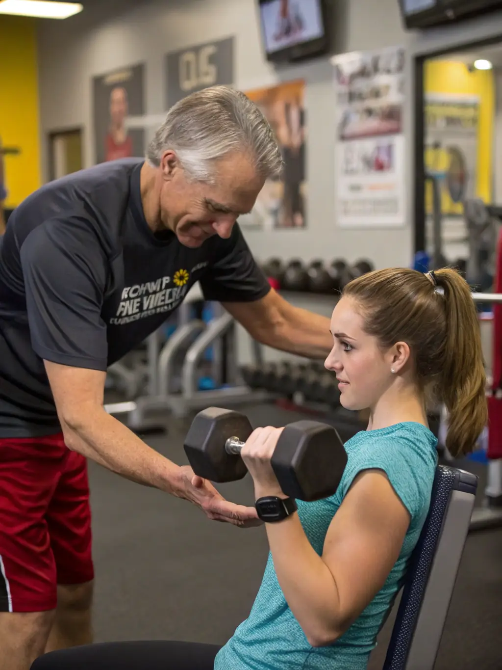 Un coach corrige la posture d’un adhérent lors d’un atelier de renforcement musculaire, mettant l’accent sur la technique et la sécurité.